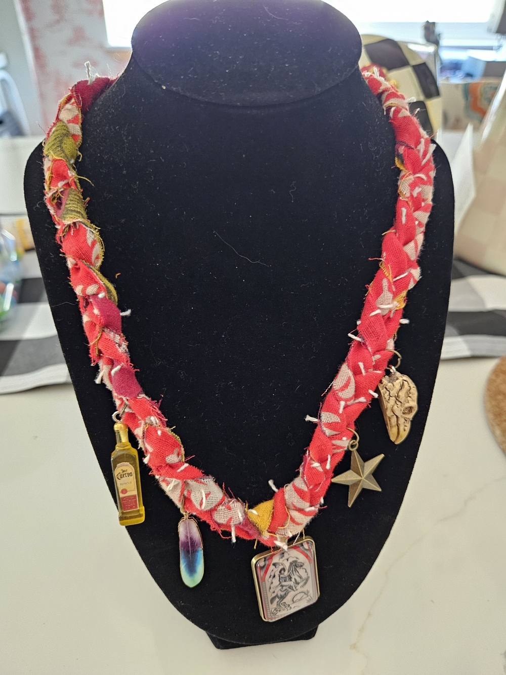Red Kanrha Fabric Braided Cowgirl Charm Necklace - Boho Women's Jewelry
